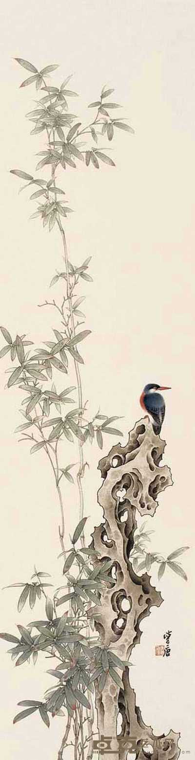 李唐 竹石翠鸟 镜心 119×32cm